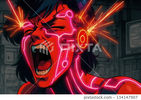 Overload Scream of a Girl with Intense Red Neon Tech Implants 134147907
