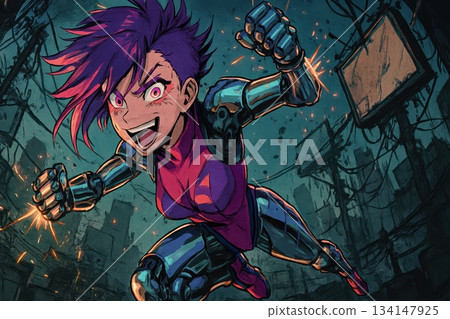 High Speed Cyborg Woman with Purple Hair and Bionic Arms Leaping 134147925