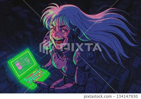 Maniacal Hacker Smiling with Glowing Laptop in Cyberpunk Setting 134147930