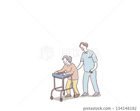 一位老婦人拄著助行器行走,一位男士陪同她(可能是護士、物理治療師或護理員)。 一位老婦人拄著助行器行走,一位男士陪同她(可能是護士、物理治療師或護理員)。 134148182