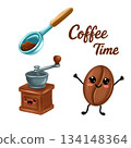 Cartoon coffee illustrations. Coffee grinder, coffee bean, measuring spoon. Lettering for a card. 134148364