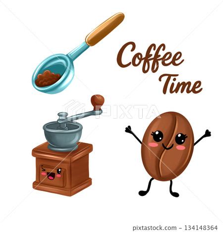 Cartoon coffee illustrations. Coffee grinder, coffee bean, measuring spoon. Lettering for a card. Cartoon coffee illustrations. Coffee grinder, coffee bean, measuring spoon. Lettering for a card. 134148364
