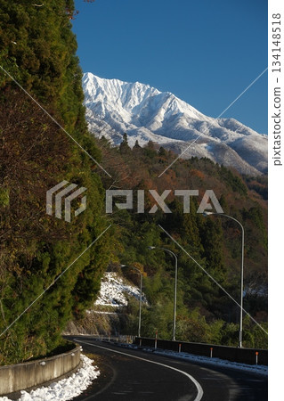 Snowy Mt. Hoki Daisen in Tottori Prefecture with a wide blue sky 134148518
