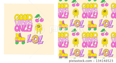 Retro sticker happy funny cartoon set seamless pattern psychedelic cool hippie style vector sticker 134148523