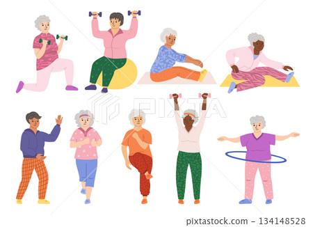Older people women play sports set elderly characters old senoritas running yoga cardio strength gym 134148528