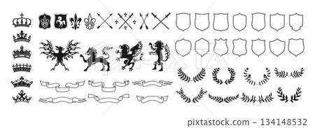 Heraldic crest coat of arms vector set Heraldry elements animals eagle lion swords arrows ribbons 134148532