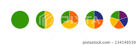 Multicoloured diagrams infographic. Circle section graph. Wheels divided in sections. Multicolored pizza charts, pies segmented on from 1 to 5 equal parts. Loading bar mockup. Pie, pizza chart layout 134148539