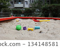 Sandbox with various outdoor toys. Sandbox for children's games. Summer concept. 134148581