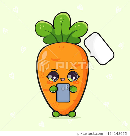 Cute carrot character using smartphone with speech bubble 134148655