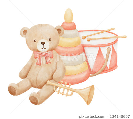 Vintage teddy bear, drum and trumpet, hand drawn watercolor pastel illustration isolated on white background 134148697