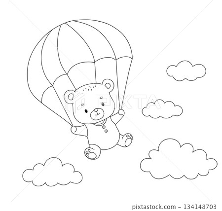 Cute bear with parachute, line hand drawn illustration isolated on white background for coloring book 134148703