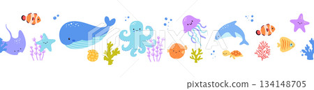 Seamless border with cute sea animals. Vector childish flat illustrations for kids Seamless border with cute sea animals. Vector childish flat illustrations for kids 134148705
