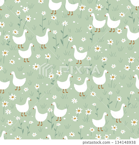 Vector seamless pattern with cute geese in the daisy flower grass. Beautiful background design for baby prints. Vector illustration. Vector seamless pattern with cute geese in the daisy flower grass. Beautiful background design for baby prints. Vector illustration. 134148938