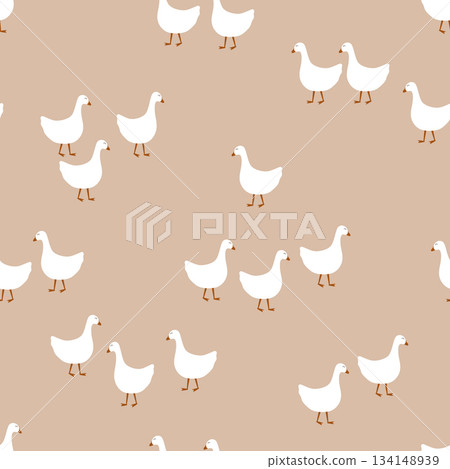 Vector seamless pattern with cute geese on beige background. Beautiful design for baby prints. Vector illustration. Vector seamless pattern with cute geese on beige background. Beautiful design for baby prints. Vector illustration. 134148939