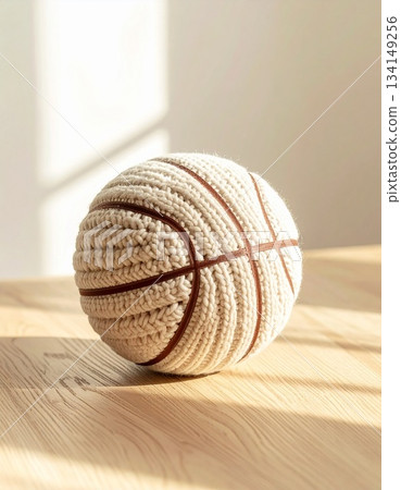 一幅寧靜的靜物畫，畫中一個手工編織的毛線籃球與啞光天然橡木紋理形成鮮明對比。 134149256