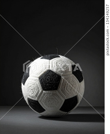 一張靜止的圖片，展示了一個手工編織的羊毛足球，其紗線編織得非常精細，放置在啞光背景上。 134149257