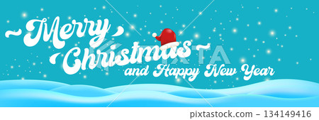 Merry Christmas and Happy New Year banner design template with snow background and greeting text . Cartoon Happy Holidays day poster, wide banner, card, background, banner, label png with quote Merry Christmas and Happy New Year banner design template with snow background and greeting text . Cartoon Happy Holidays day poster, wide banner, card, background, banner, label png with quote 134149416