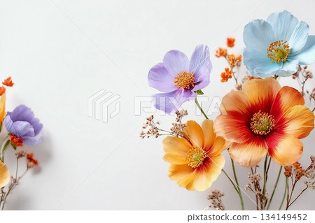 A beautiful bouquet of fresh spring colorful pastel and vivid flowers, flat lay on a white background. Text space available for beautiful fresh and dry flowers on a white background in a flat lay. 134149452