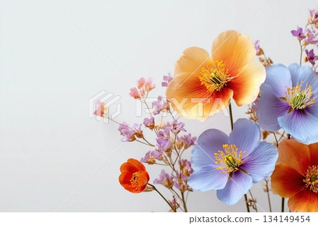 A beautiful bouquet of fresh spring colorful pastel and vivid flowers, flat lay on a white background. Text space available for beautiful fresh and dry flowers on a white background in a flat lay. 134149454