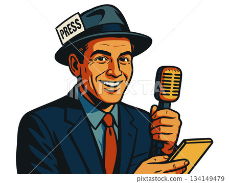 Retro Journalist Holding Microphone Notepad raster Retro Journalist Holding Microphone Notepad raster 134149479