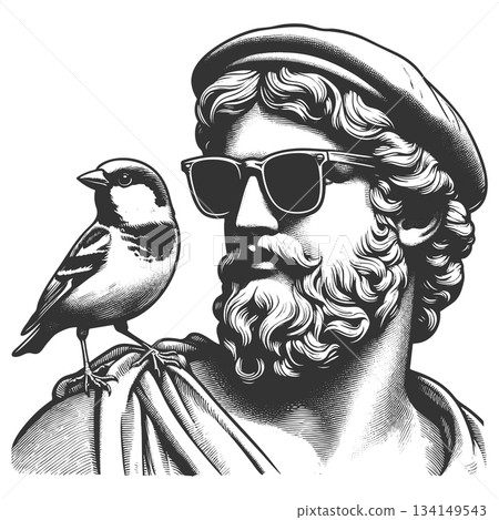 Cool Bearded Statue Wearing Sunglasses with Bird 134149543
