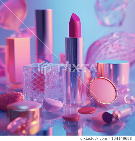 A Stunning and Vibrant Display of Cosmetic Products Featuring Pink Lipstick and Trendy Accessories 134149698