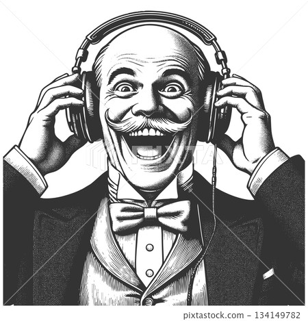 Laughing Bald Gentleman Listening to Music vector 134149782