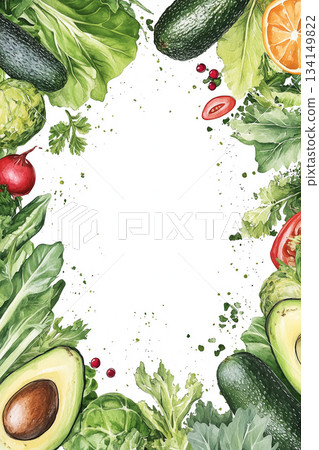 Watercolor frame of fresh vegetables creating menu template for vegetarian restaurant 134149822