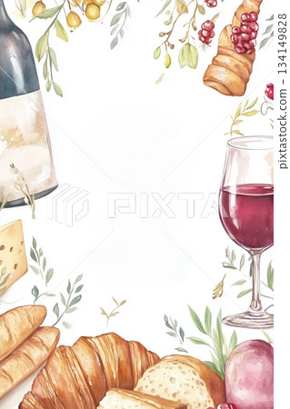 Watercolor french menu design with wine, cheese, bread, and floral elements 134149828