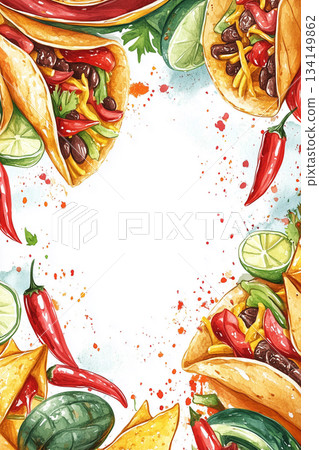 A Vibrant and Colorful Taco Border Featuring a Variety of Fresh Ingredients and Spices 134149862