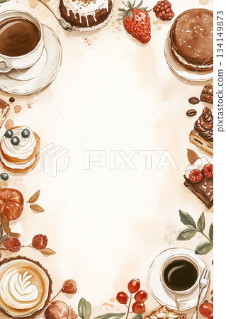 A Beautifully Decorated Frame Showcasing an Array of Delicious Coffee and Exquisite Pastries 134149873