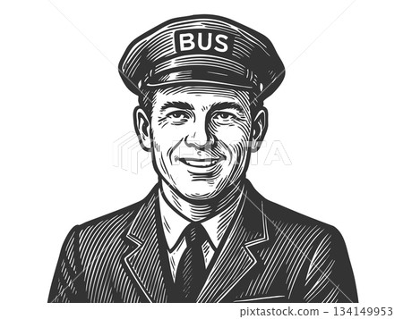 smiling bus driver portrait engraving vector 134149953