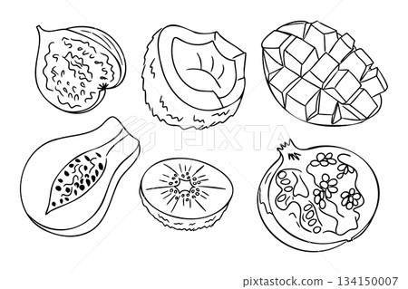 Set of tropical fruits sliced in half, showing seeds and textures in black and white outline style. Healthy eating and natural food concept illustrated through exotic hand drawn fruit collection Set of tropical fruits sliced in half, showing seeds and textures in black and white outline style. Healthy eating and natural food concept illustrated through exotic hand drawn fruit collection 134150007