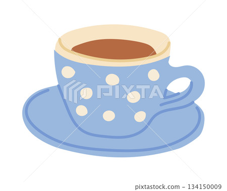Blue polka dot teacup with a matching saucer filled with warm tea. Cozy relaxation and home comfort symbolized through a simple hand drawn drink illustration Blue polka dot teacup with a matching saucer filled with warm tea. Cozy relaxation and home comfort symbolized through a simple hand drawn drink illustration 134150009