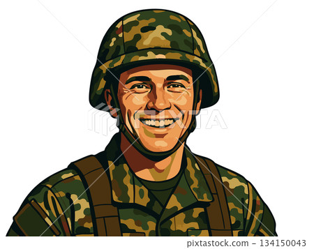 Smiling male soldier in camouflage uniform vector Smiling male soldier in camouflage uniform vector 134150043