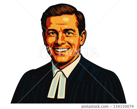 Smiling male judge in courtroom attire vector 134150074
