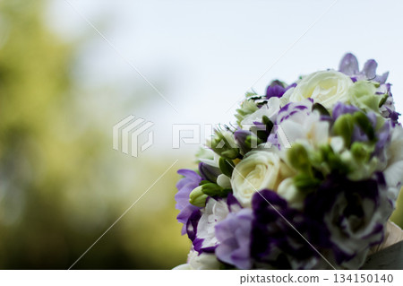 Wedding bouquet combining white roses and purple freesias Wedding bouquet combining white roses and purple freesias 134150140