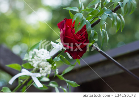 Red rose and baby's breath decorating wedding archway Red rose and baby's breath decorating wedding archway 134150178