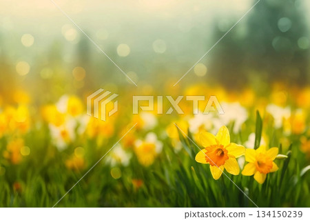 Daffodils and daffodils in beautiful natural landscape with bokeh in Background. Daffodils and daffodils in beautiful natural landscape with bokeh in Background. 134150239
