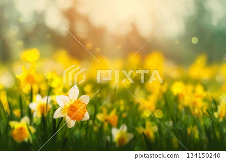 Daffodils and daffodils in beautiful natural landscape with bokeh in Background. 134150240