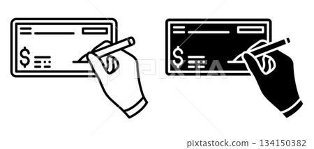 Linear icon. Bank employee hand signing a bank check for a loan. Simple vector isolated on white background Linear icon. Bank employee hand signing a bank check for a loan. Simple vector isolated on white background 134150382
