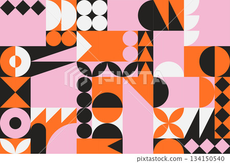 Set of colourful poster with geometric shape and line set. abstract elements pattern, design line art, trendy style. Bauhaus illustration with circle, square, triangle. design for cards, invitation	 134150540