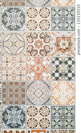 Colorful vintage tiles creating decorative pattern on a wall or floor in august 134150550