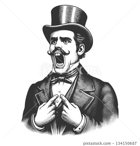 Shocked Gentleman in Top Hat Pointing at Himself 134150687