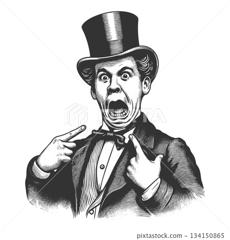 Shocked Gentleman in Top Hat Pointing at Himself 134150865
