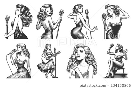 Pin-Up Singer with Microphone engraving set raster 134150866