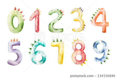 Cute dinosaur numbers. Watercolor hand drawn prehistoric illustration for invitation card, nursery poster. Sketch on transparent background. Perfect for for nursery and baby shower, tropical design 134150890