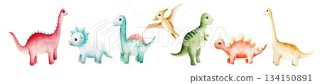 Cute dinosaur set. Watercolor hand drawn prehistoric triceratops, diplodocus,Spinosaurus, Brachiosaurus animal. Isolated illustration on transparent background. Perfect for for nursery and baby shower Cute dinosaur set. Watercolor hand drawn prehistoric triceratops, diplodocus,Spinosaurus, Brachiosaurus animal. Isolated illustration on transparent background. Perfect for for nursery and baby shower 134150891