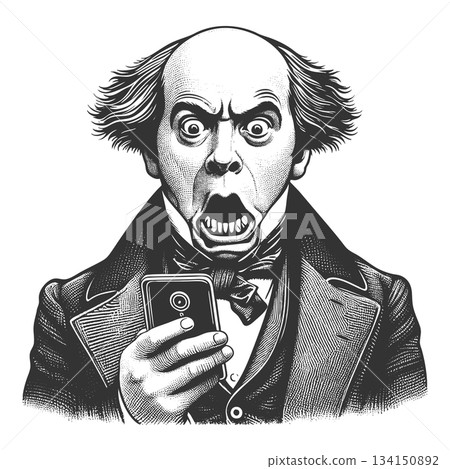 Funny Man Looking at Smartphone engraving raster 134150892
