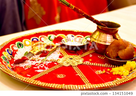 Wedding Ribbon Cutting Ritual Thali Indian Marriage Tradition 134151049